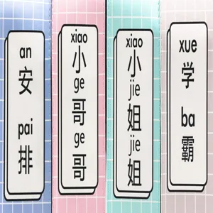Vue détaillée de trousses à carreaux créatives avec étiquettes de slogans chinois mignons