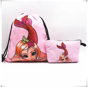 Mochila con cordón de sirena rosa y juego de bolsas pequeñas con cremallera