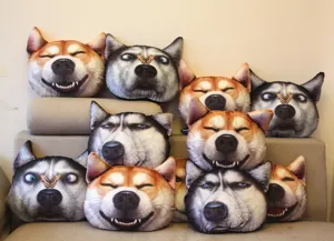Grupo de divertidos cojines de peluche 3D con cabezas de perro Husky y Shiba Inu