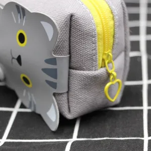 Trousse à crayons chat en toile avec détail de fermeture éclair coeur jaune mignonne