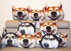 Una colección variada de divertidos cojines de peluche 3D con forma de cabeza de Shiba y Husky