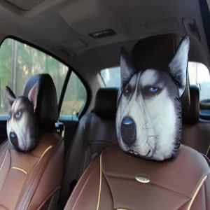 Cojín de reposacabezas de coche con cara de perro Husky 3D en asiento de cuero marrón de lujo