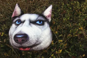 Vista detallada del cojín de cabeza de husky 3D realista con expresión divertida y suave