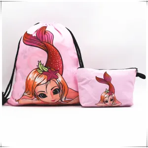 Juego de mochila rosa con cordón de sirena y bolsa pequeña a juego para almacenamiento