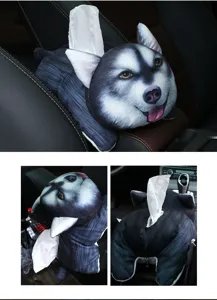 Vistas detalladas del soporte creativo de peluche husky para pañuelos en reposabrazos