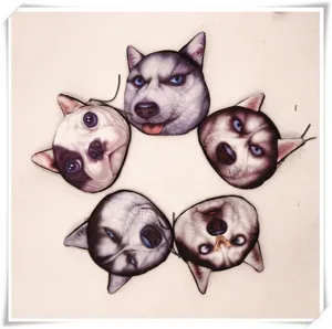 Top view of five cartoon dog head shaped plush coin purses arranged in a circle decoration.