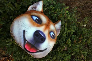 Divertido cojín de felpa con forma de cabeza de perro Shiba Inu 3D sobre follaje