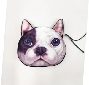 Cute French Bulldog shaped coin purse with realistic 3D dog face print and zipper