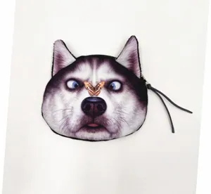 Macro view of a cute cartoon husky face coin purse with a creative butterfly detail