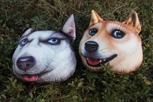 Cojines de peluche 3D realistas con forma de cabeza de perro Husky y Shiba Inu fuera