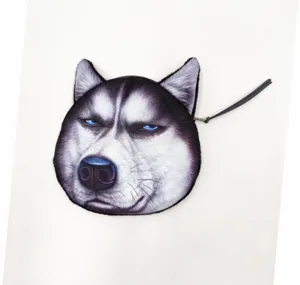 Detail of creative 3D printed Husky face coin purse featuring a zipper and wrist strap