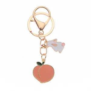 Cute cartoon rabbit and peach keychain with gold metal lobster clasp for bags or car keys