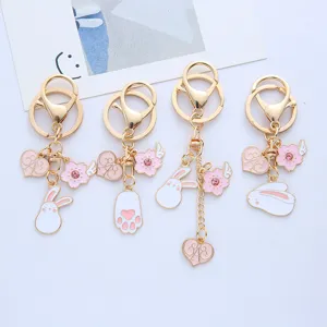 Cute Korean Style Pink Rabbit Zinc Alloy Keychain Rhinestone Cherry Blossom Heart Enamel Bag Pendant Keychain For Women Girls