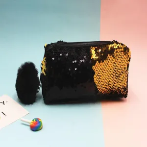 Detalle del neceser de lentejuelas reversibles en negro y dorado con un pompón negro suave