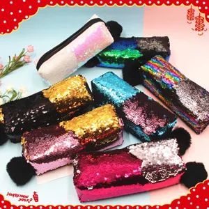 Estuche de Lápices de Lentejuelas Reversibles Bolsa de Maquillaje de Gran Capacidad Con Bola de Pelo Estuche de Papelería Para Escuela Mujer