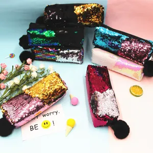 Estuche de lentejuelas reversibles de sirena con pompón suave en varios colores vivos