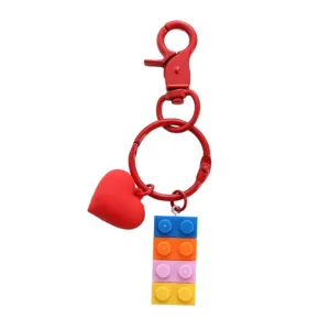 Creative colorful building block keychain with 3D red heart charm for backpacks