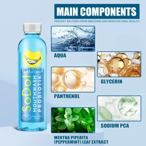 Jaysuing 100ml alcohol-free mouthwash detail showing natural mint and key active ingredients.