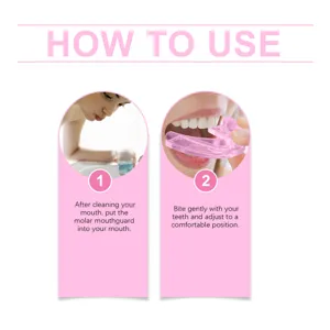 Graphique détaillé de protège-dents rose avec instructions d'utilisation étape par étape.
