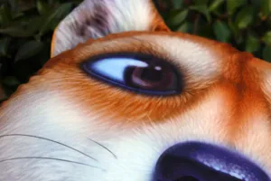 Detalle en primer plano del cojín cabeza Shiba Inu Doge 3D con textura de pelo