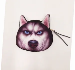 Detailed view of a creative Husky dog face print coin purse with a secure zipper closure