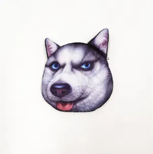 Close-up detail of the 3D realistic husky dog face print on a plush cartoon coin purse