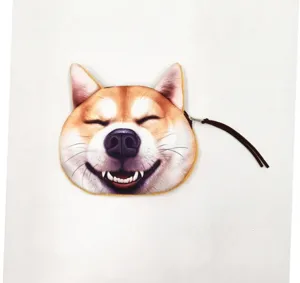 Detailed view of a cute Shiba Inu head shaped plush coin pouch with zipper closure