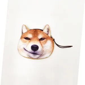 Close-up view of a cute 3D realistic Shiba Inu dog head zipper coin purse with wrist strap