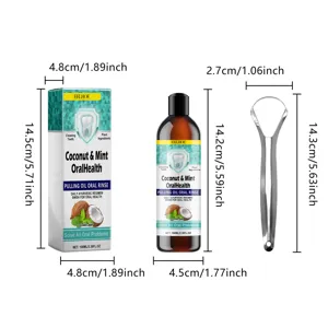 Coconut oil mouthwash and metal tongue scraper set for fresh breath and oral hygiene care.