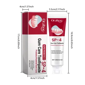 Détail de la boîte et du tube de dentifrice Oralhoe SP-4 avec dimensions précises.