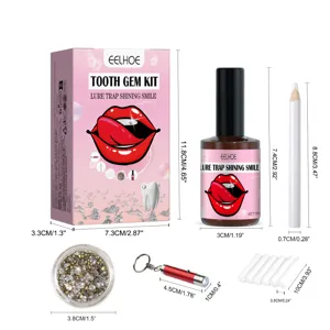 Vue dimensionnelle détaillée du kit de strass dentaires EELHOE avec colle et outils.