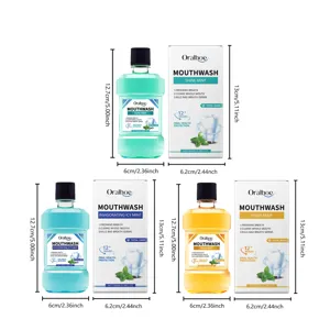 Vue detaillee du bain de bouche Oralhoe montrant les dimensions et capacite des bouteilles.