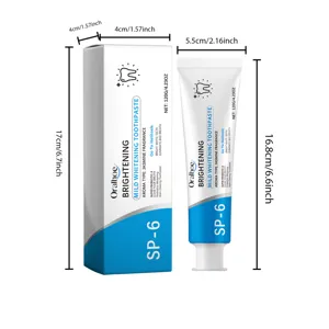 Vue détaillée du tube de dentifrice blanchissant SP-6 et de la boîte avec dimensions.