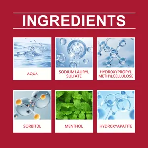 Infographie détaillée des ingrédients montrant les actifs et formules de la dentifrice.