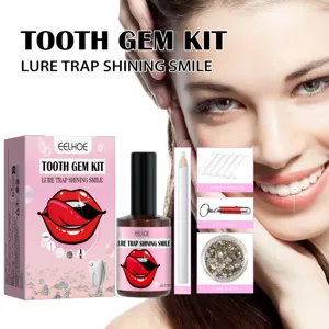 Kit de strass dentaires EELHOE avec cristaux, colle, crayon ramasseur et lumière UV pour sourire éclatant.