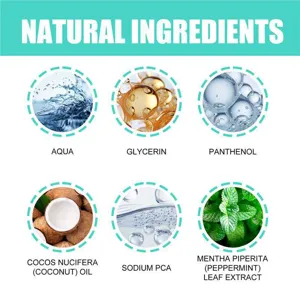 Natural ingredients coconut oil mouthwash for teeth whitening, fresh breath and gum care detail image.