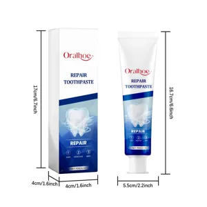 Vue détaillée du dentifrice réparateur Oralhoe avec boîte et tube, dimensions, 113g.