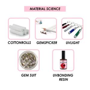 Kit de strass dentaire science des matériaux avec rouleaux de coton, stylo, lampe UV et résine.