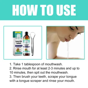 Detail view of coconut mint mouthwash with tongue scraper and usage instructions.