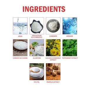 Ingredients detail view of oral care gel showing active botanical and chemical components.