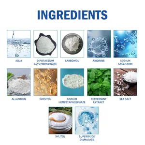 Detailed ingredient chart showing active components like aqua, allantoin, and peppermint extract.