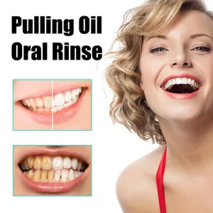 Coconut oil pulling oral rinse detail showcasing teeth whitening results and smiling model.