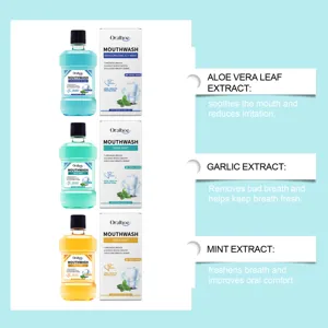 Détail de bain de bouche Oralhoe à la menthe avec des extraits naturels pour les soins.