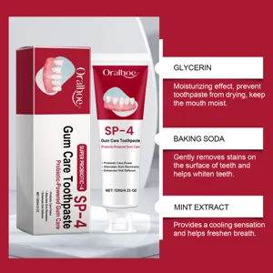 Vue détaillée du tube de dentifrice de soin des gencives Oralhoe SP-4 et son emballage.