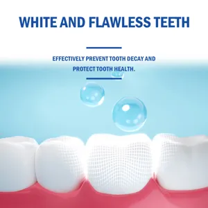 Teeth whitening powder detail image showing clean teeth and sparkling water bubbles.
