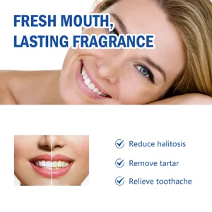 Tooth whitening powder detail image showing fresh breath, reduces halitosis and tartar.