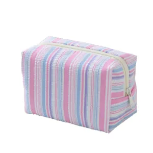 Large capacity stripe seersucker cosmetic bag for travel toiletry and skincare storage
