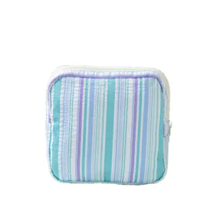 Portable square striped seersucker storage pouch for cosmetics and small accessories