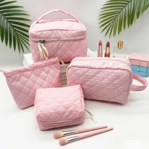 Juego de bolsas de maquillaje acolchadas rosas con gran capacidad para cosméticos