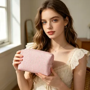 Détail d'un mannequin tenant une trousse de maquillage en seersucker à rayures rose